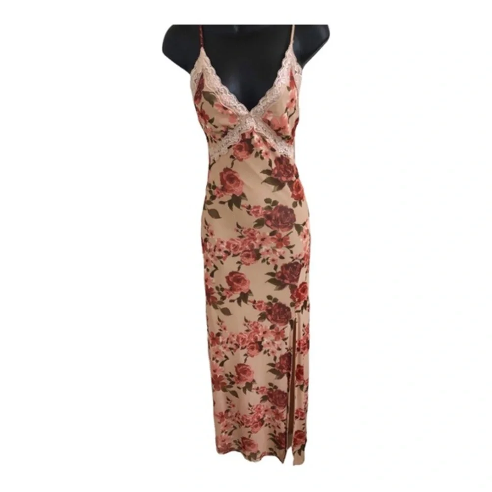 Jessica Simpson mesh red roses goth floral lace trim bodice maxi‎ slip dress
